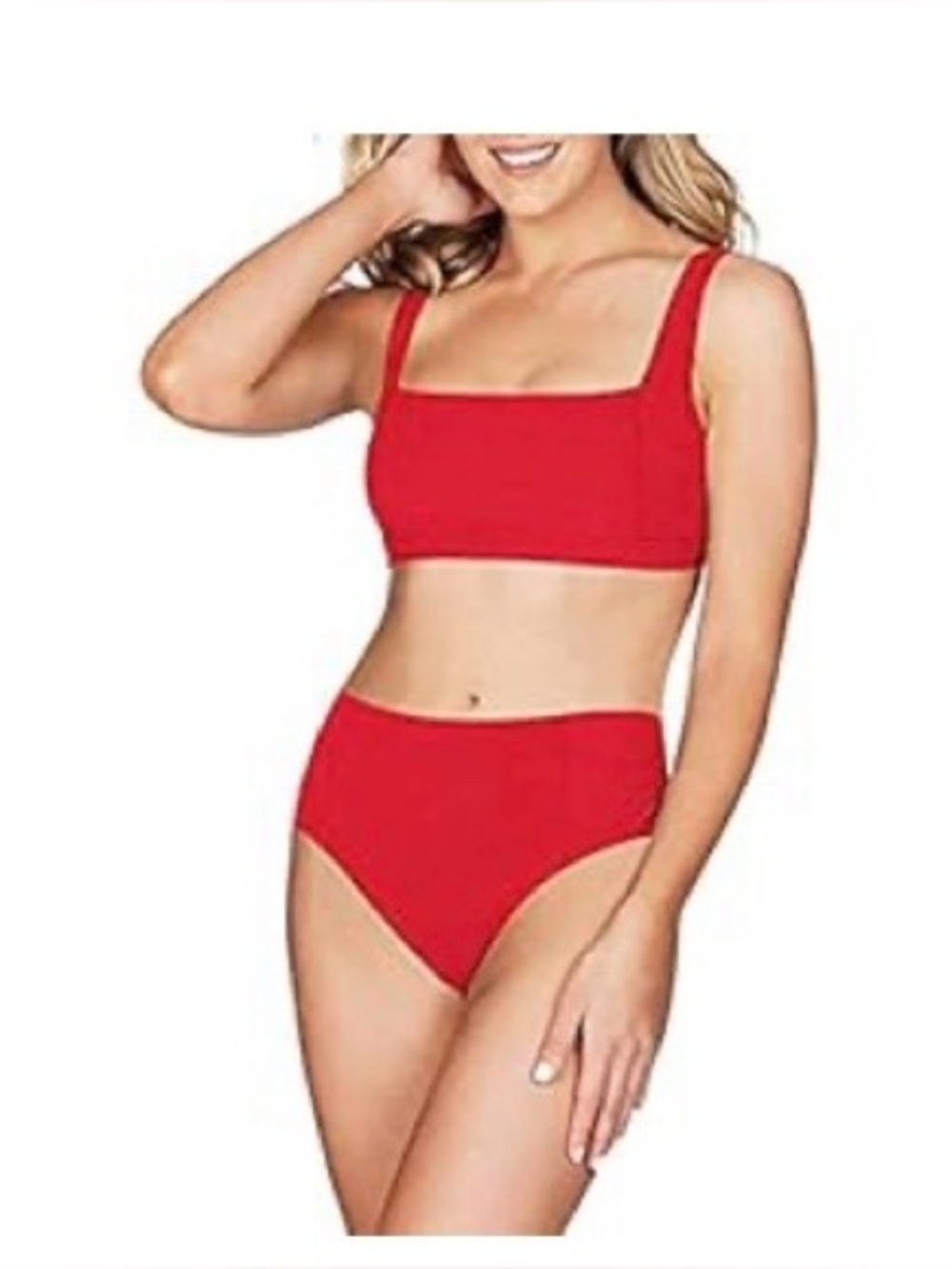 Women's Red High Waisted Swimsuit Ribbed Square Neck Cheeky Bikini Two Piece XL